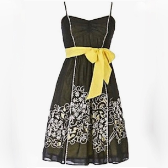 Anthropologie Dresses & Skirts - Like New! Floreat {Anthro} Embroidered Black | Yellow Silk Eyelet Dress | XS 2